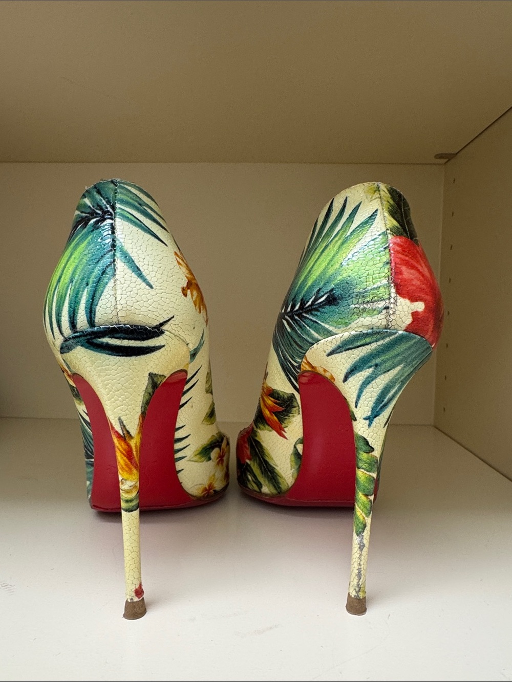 Christian Louboutin Tropical Floral Pointed Toe Pumps in Cream and Green - Picture 2 of 5
